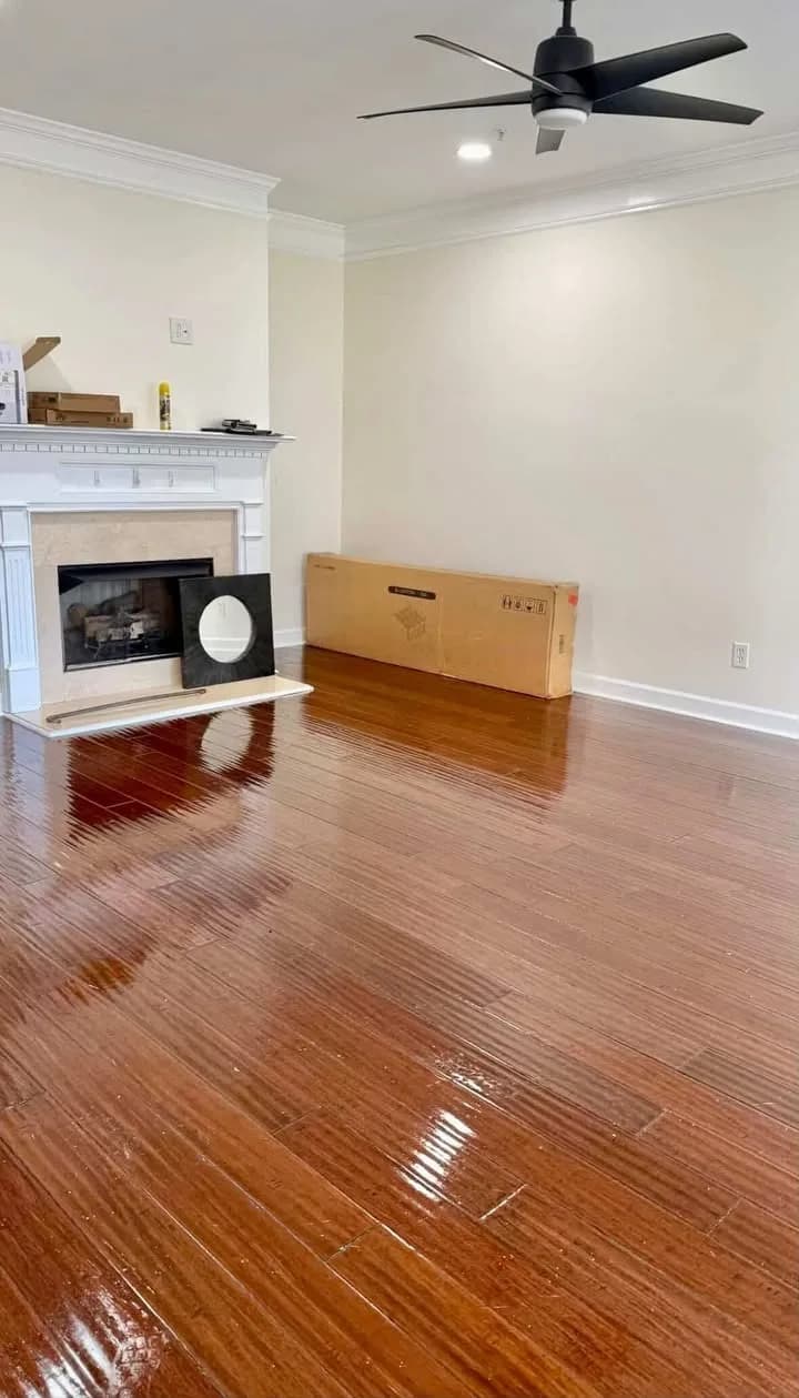 Living room after post-construction cleanup by Pristine Cleaning Gurus